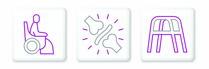 Set line Walker, Woman in wheelchair and Joint pain, knee pain icon. Vector