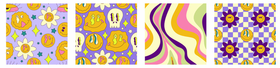 Trippy trendy background set Psychedelic design. y2k, 70s, hippie style. Abstract floral illustration. Vector illustration design. Psychedelic groovy wave