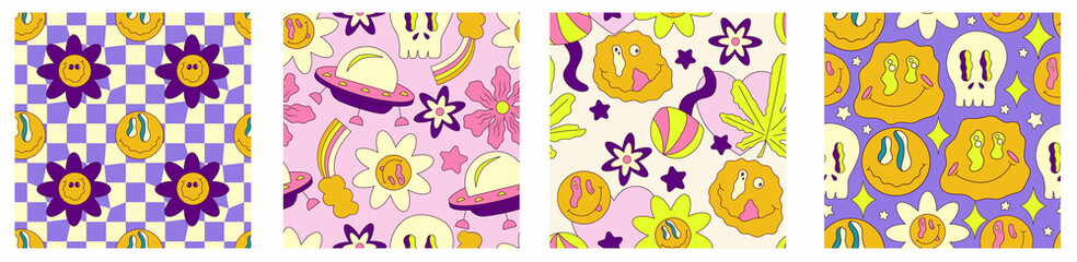 Trippy smile seamless pattern set with ufo, skull, daisy and rainbow. Psychedelic hippy groovy print. Good 60s, 70s, mood. Vector trippy crazy illustration. Smile face seamless pattern y2k style