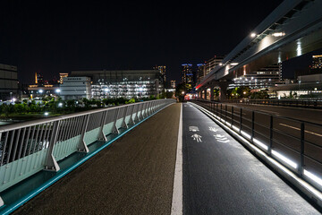 お台場の夜の橋の上の自転車専用通路