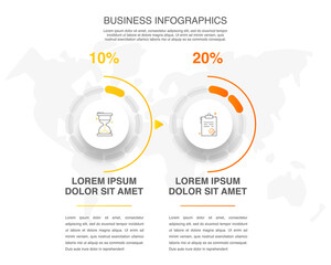 Business vector infographics with two circles and arrows. Timeline visualization with 2 steps for diagram, flowchart, banner, presentations, web, content, levels, chart, graphic
