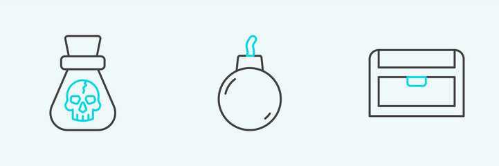 Set line Antique treasure chest, Pirate coin and Bomb ready to explode icon. Vector