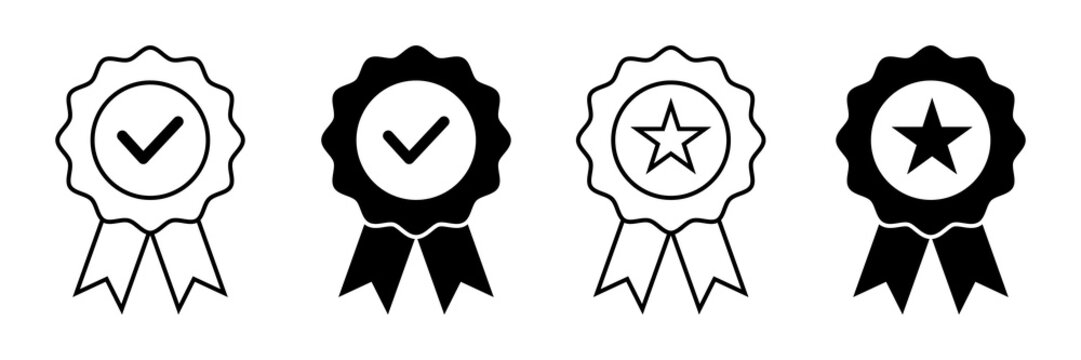 Approved or certified medal icon set with outline and flat style. Certified badge for graphic design
