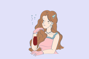 People portrait drawing with glass  drunken enjoying alcohal flat cartoon vector illustration