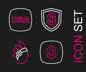 Set line Dollar symbol, Native American Indian, Shield with dollar and USA Independence day icon. Vector
