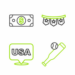 Set line Baseball bat with ball, USA Independence day, Carnival garland flags and Stacks paper money cash icon. Vector