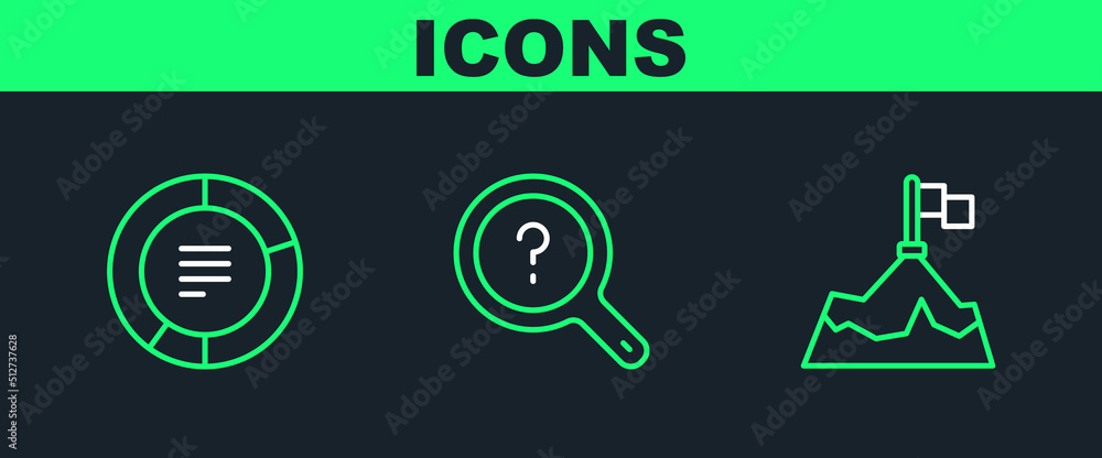 Poster set line mountains with flag, pie chart infographic and unknown search icon. vector