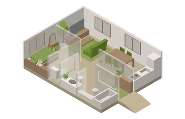 アイソメトリック　バリアフリー住宅イラスト