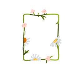 Hand drawn vector abstract graphic illustration with clipart illustration of ornament leaves frame with flowers, chamomile and leaves in simple style for branding isolated.Modern magic nature design.