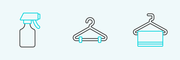 Set line Towel on hanger, Water spray bottle and Hanger wardrobe icon. Vector
