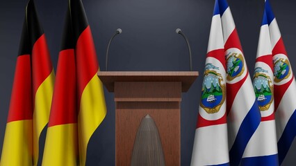 Flags of Germany and Costa Rica at international meeting or negotiations press conference. Podium speaker tribune with flags and coat arms. 3d rendering