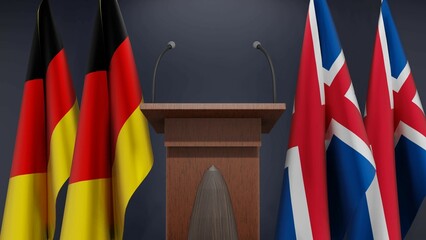 Flags of Germany and Iceland at international meeting or negotiations press conference. Podium speaker tribune with flags and coat arms. 3d rendering