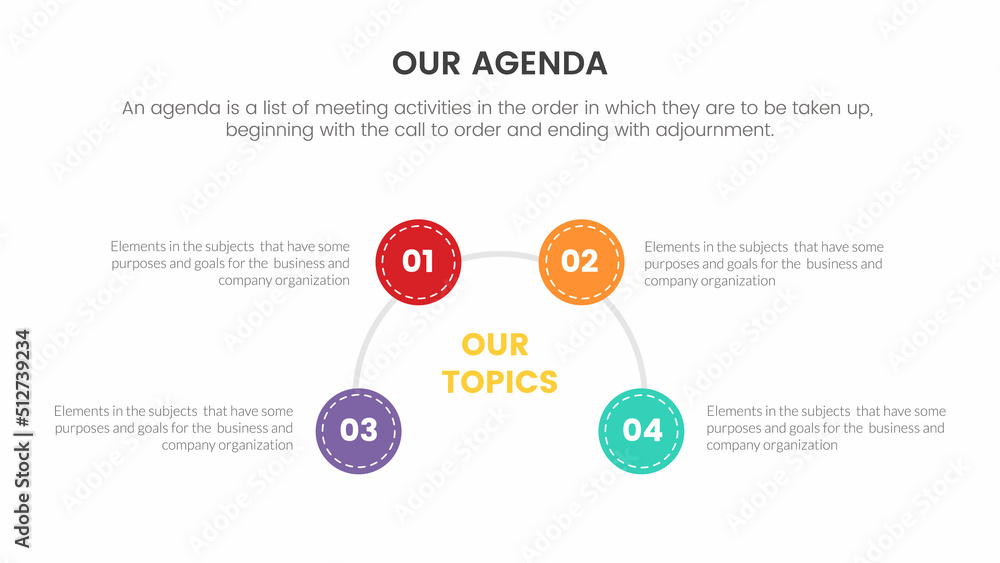 Poster agenda infographic concept for slide presentation with 4 point list and circle center