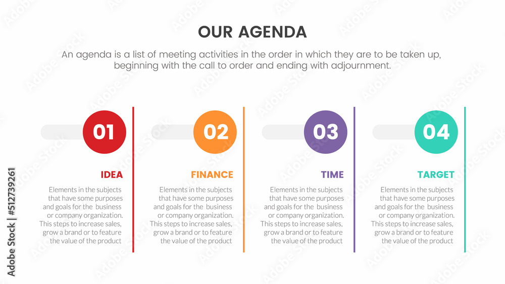 Poster agenda infographic concept for slide presentation with 4 point list and circle box horizontal direct
