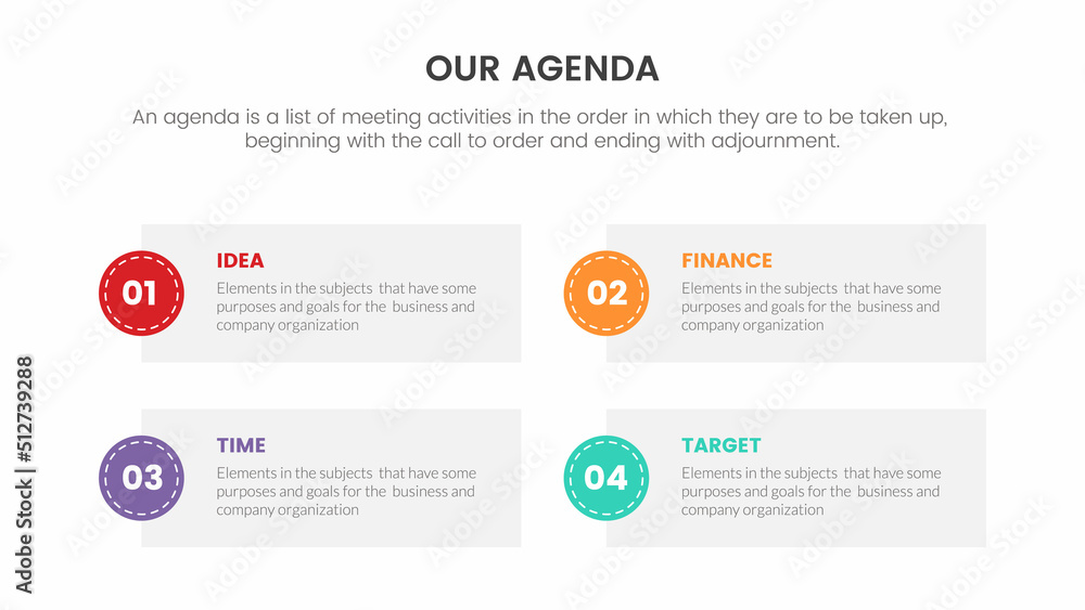 Aufkleber agenda infographic concept for slide presentation with 4 point list and circle box shape