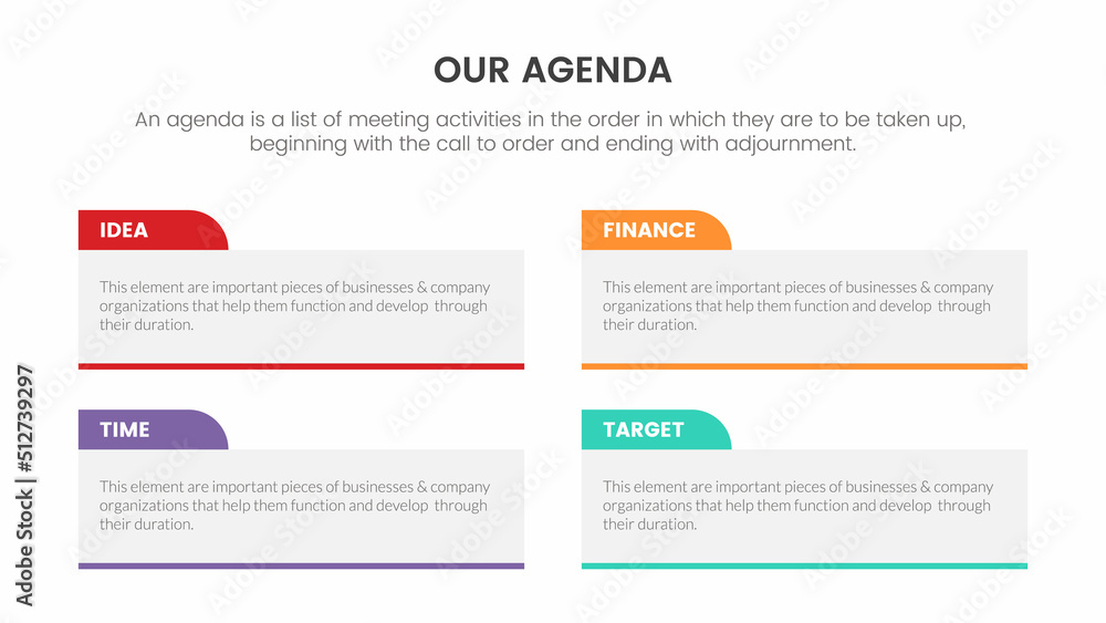 Poster agenda infographic concept for slide presentation with 4 point list and big box horizontal