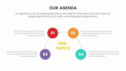 agenda infographic concept for slide presentation with 4 point list and circle center