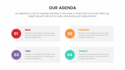 agenda infographic concept for slide presentation with 4 point list and circle box shape