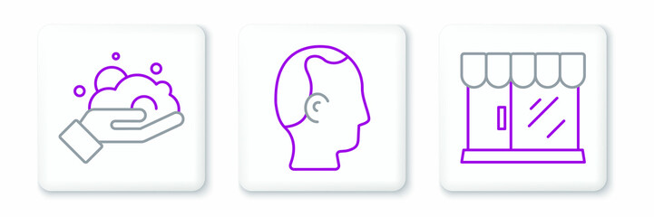 Set line Barbershop building, Shaving foam on hand and Baldness icon. Vector