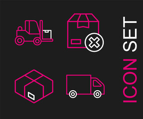 Set line Delivery cargo truck, Carton cardboard box, and Forklift icon. Vector