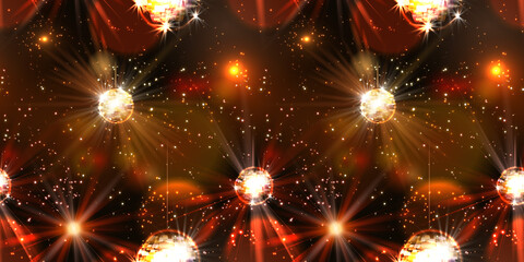 Disco ball with lamps and disco light beams, seamless pattern