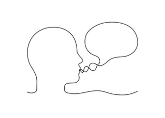 Head man talk with speech bubble outline, conversation person, speak, continuous line drawing. Graphics minimalist linear. Balloon for communication, statement. Vector illustration