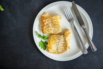 cod fish fried fresh seafood second course meal food snack on the table copy space food background rustic top view