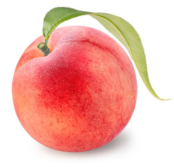 Sweet Pink Peach fruit with leaf isolated on white background, Fresh Peach on White Background With clipping path.