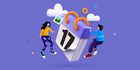 Modern banner template with tiny people and giant calendar. Planning schedule concept banner with characters. Time management, planning events and organization.