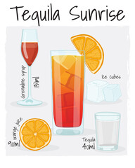 Tequila Sunrise Cocktail Illustration Recipe Drink with Ingredients