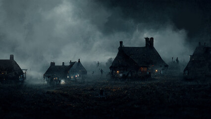 Hunted Village dark and foggy, dark village with heavy fog Halloween concept design, horror scary...