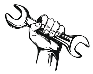 hand holding a wrench, tools icon cartoon hand drawn vector illustration sketch © vladischern