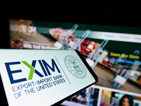 Stuttgart, Germany - 06-19-2022: Cellphone with logo of Export-Import Bank of the United States (Exim) on screen in front of business website. Focus on center of phone display.