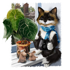 A cat on a windowsill, a flower in a pot, and mouse figurines - 512741264