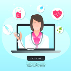 Medical and Doctor vector icon.  Telemedicine for vaccination, medical research program.  Online health check, medical diagnosis, treatment