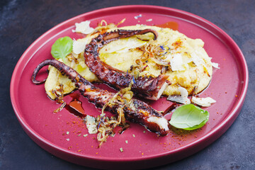 Traditional Italian polpo alla griglia su crema di polenta with grilled octopus, polenta and parmesan served as a close-up on a modern design plate