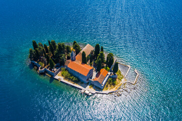 Montenegro. Bay of Kotor. St. George Island is located near the city of Perast. Popular tourist spot. Drone. Aerial view