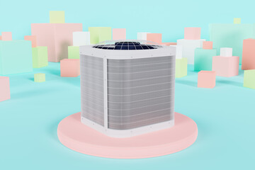 square outdoor unit of the air conditioner against the background of cubes 3d