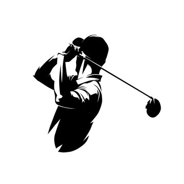 Golf player logo, abstract isolated vector silhouette, ink drawing. Golfer portrait