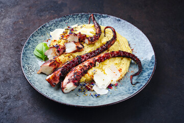 Traditional Italian polpo alla griglia su crema di polenta with grilled octopus, polenta and parmesan served as a close-up on a Nordic design plate