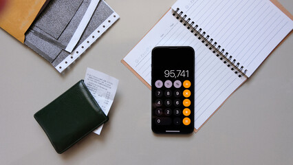 Calculator app, Slip, Pay slip, Business, Financial concept.