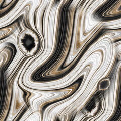 Seamless pattern with liquid and fluid marble texture, white, black and golden line paint, mix colors, abstract background. Agate pattern.