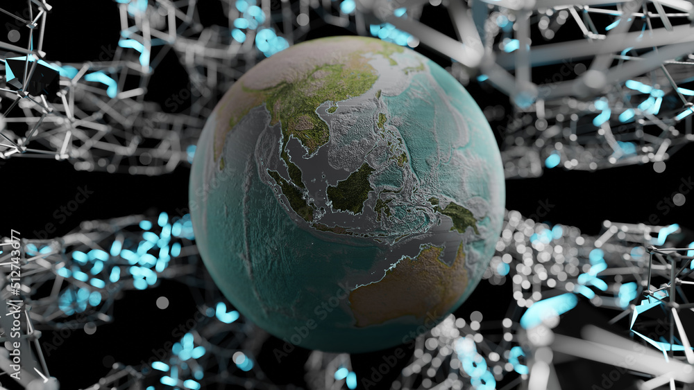 Poster globe and network or transmission of data or energy concept. 3d render.