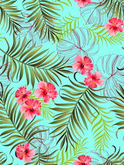 	
Seamless tropical print with jungle flowers and palm leaves. Vector background.	
