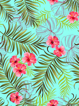  Seamless tropical print with jungle flowers and palm leaves. Vector background. © Logunova Elena