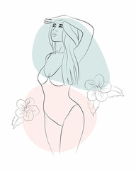 Vector illustration of a young woman in a one-piece swimsuit with floral ornament and abstracts on the background