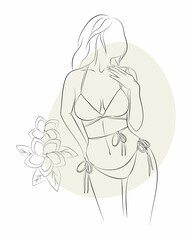 Vector illustration of a young woman in a bikini with floral ornament and abstracts on the background