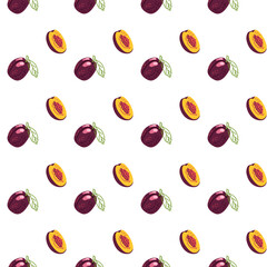 Fruit seamless pattern of burgundy plum. Cute summer print. Vector illustration on a white background for decor, wrapping paper
