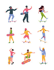 Fototapeta na wymiar Skateboarders. Active riders teenagers jumping in action poses garish vector sport active people in casual closes