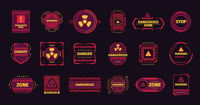 Attention frames. Ui hud templates warning red symbols attack radar alarm info garish vector illustrations